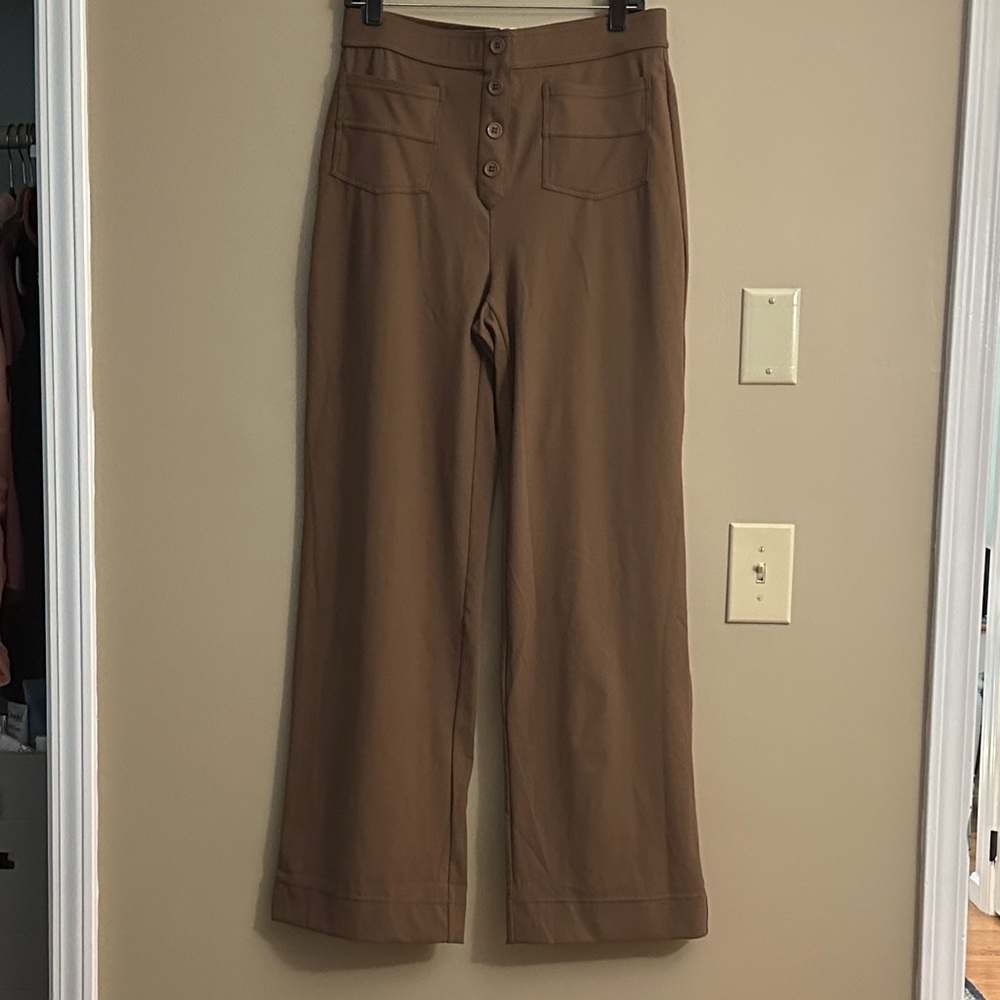 High-Waist Wide Leg Faux Button-Front Pants - Camel Brown